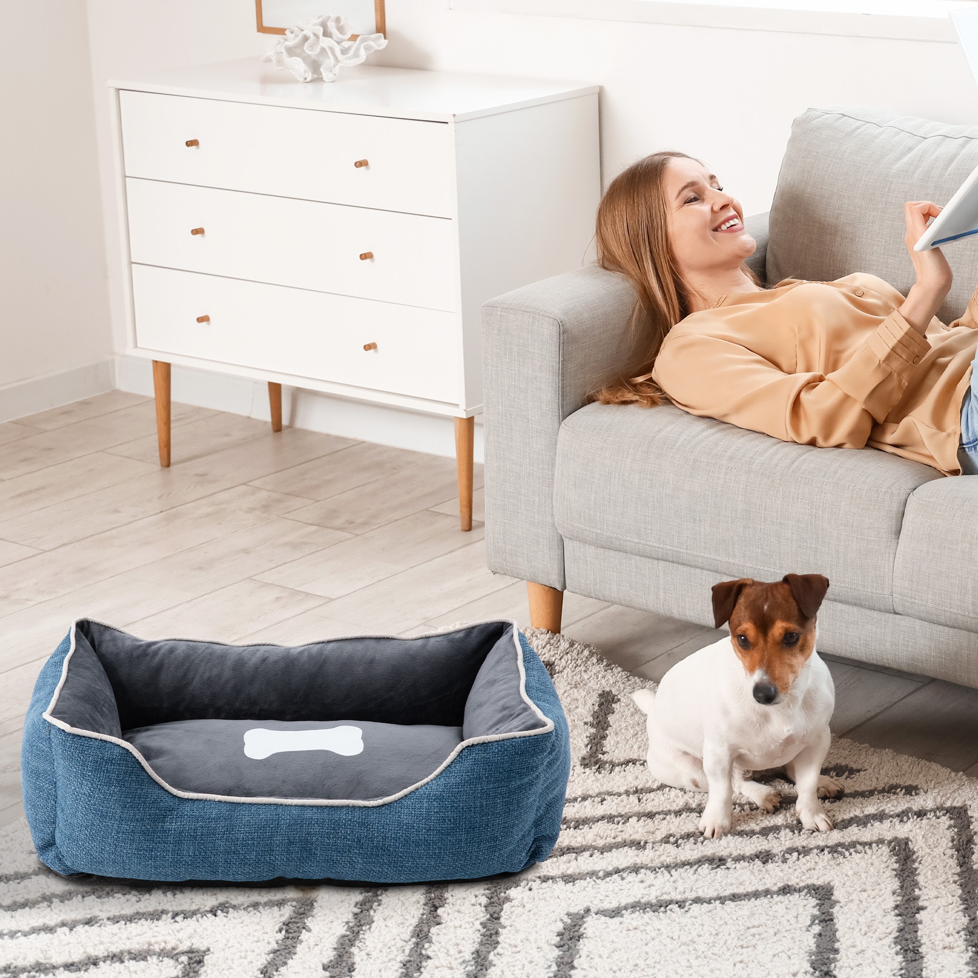 Small Dog Bed Plush Anti-slip Cat Bed Washable Cover Blue_voghion.com